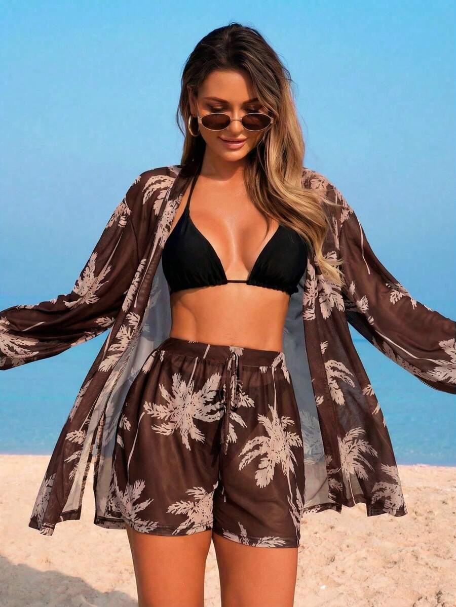 Conjunto Kimono Tela Estampa Coqueiro com Shorts