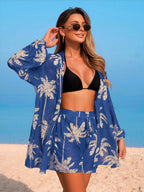 Conjunto Kimono Tela Estampa Coqueiro com Shorts