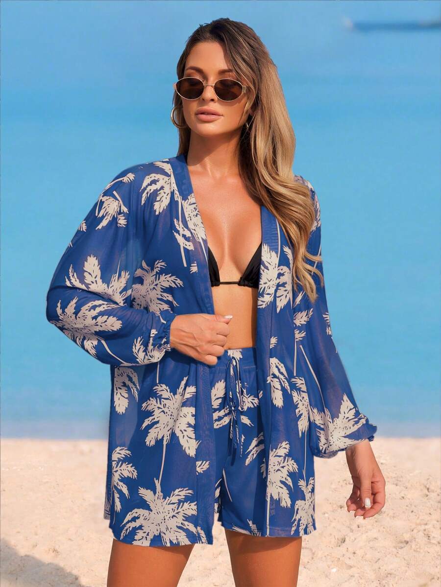 Conjunto Kimono Tela Estampa Coqueiro com Shorts