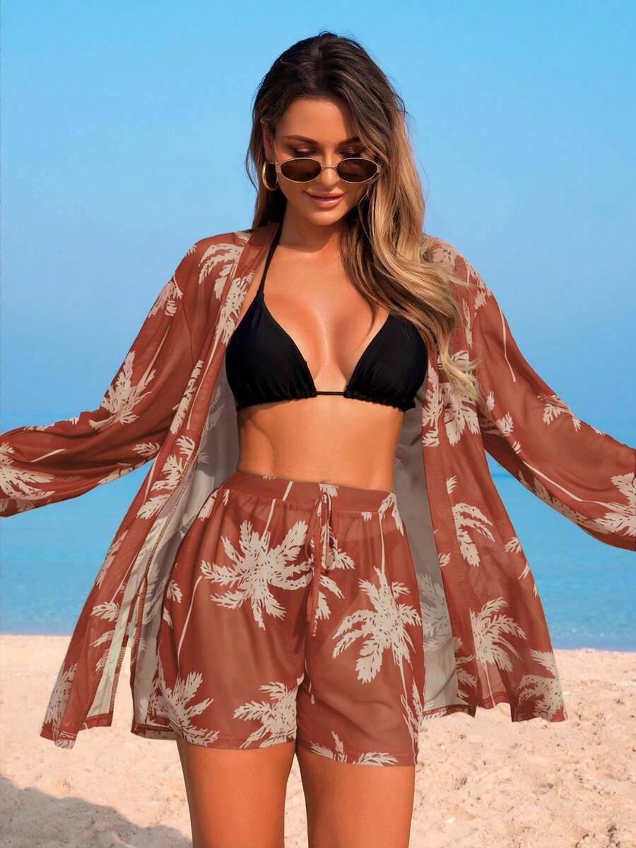 Conjunto Kimono Tela Estampa Coqueiro com Shorts