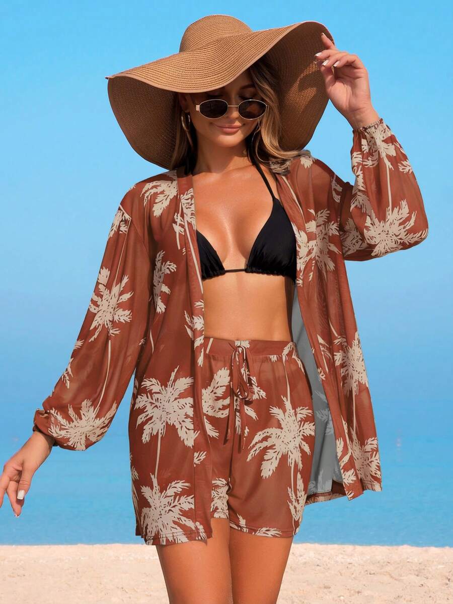 Conjunto Kimono Tela Estampa Coqueiro com Shorts