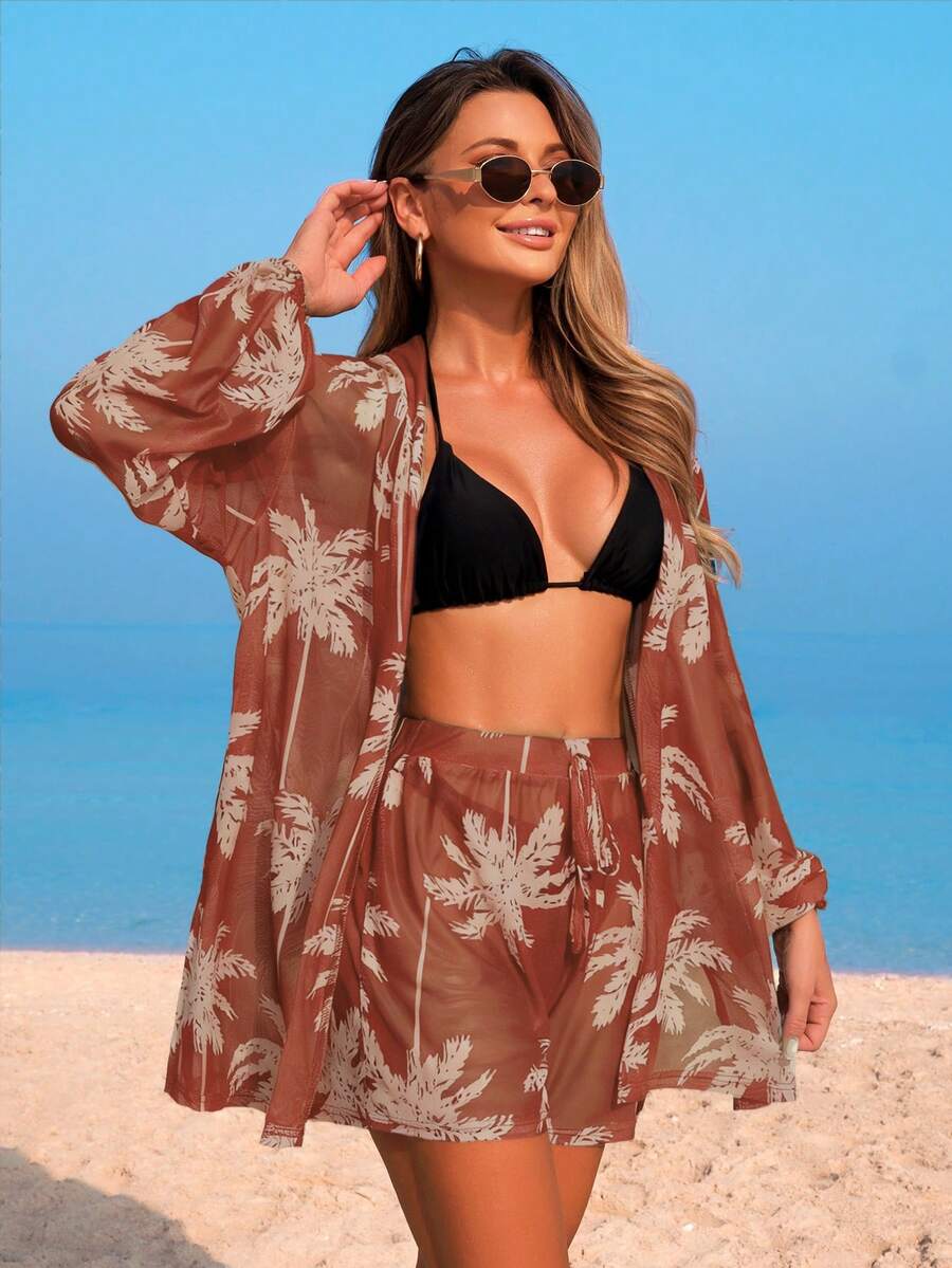 Conjunto Kimono Tela Estampa Coqueiro com Shorts