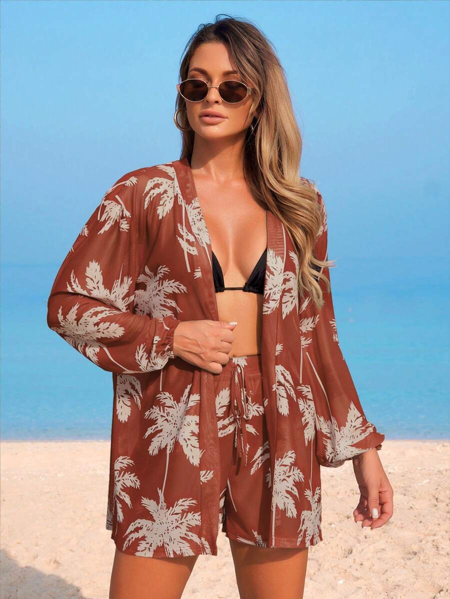Conjunto Kimono Tela Estampa Coqueiro com Shorts
