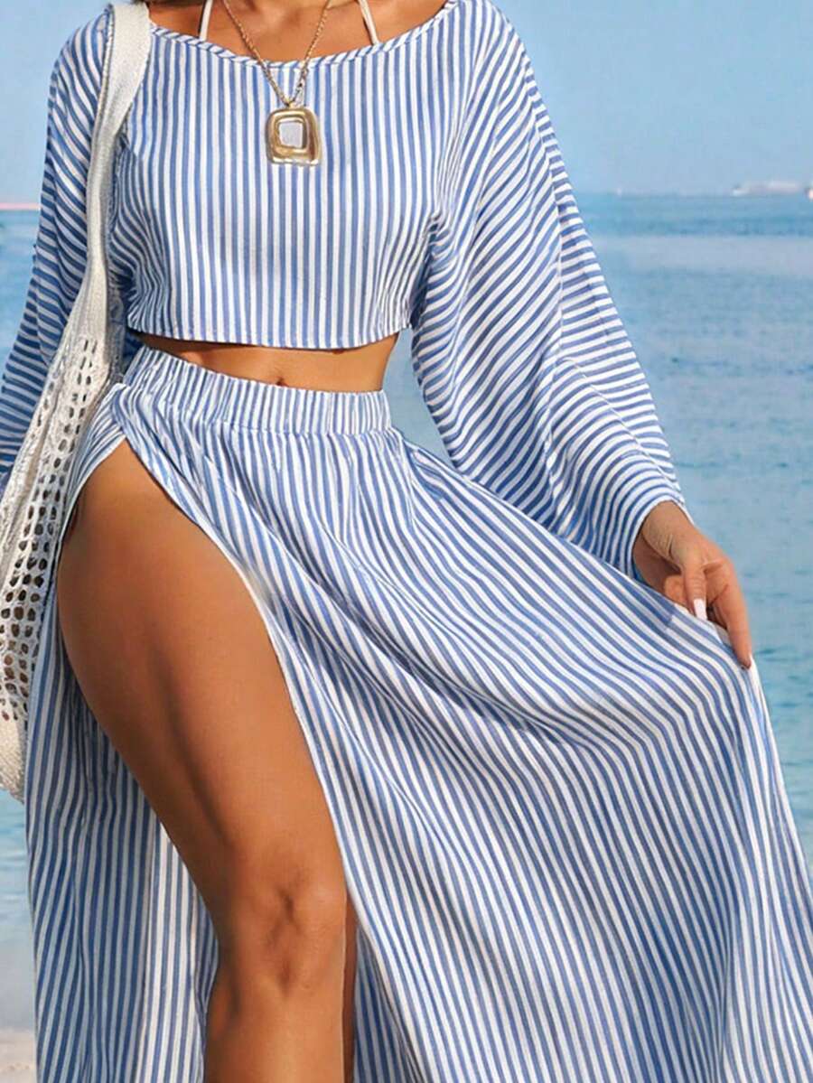 Conjunto Cropped Manga Ampla Saia Longa Fenda