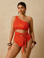 Maiô Tropical Plus Size Assimétrico com Nó Lateral