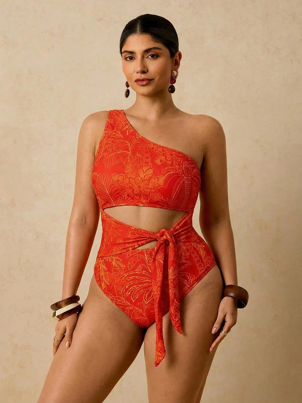 Maiô Tropical Plus Size Assimétrico com Nó Lateral