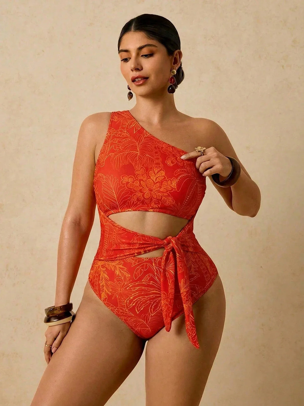 Maiô Tropical Plus Size Assimétrico com Nó Lateral