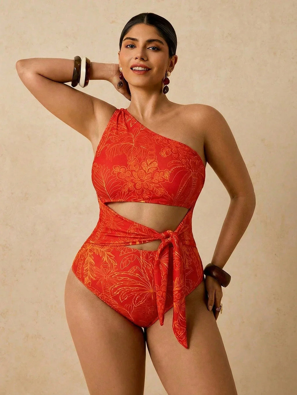 Maiô Tropical Plus Size Assimétrico com Nó Lateral