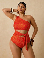 Maiô Tropical Plus Size Assimétrico com Nó Lateral