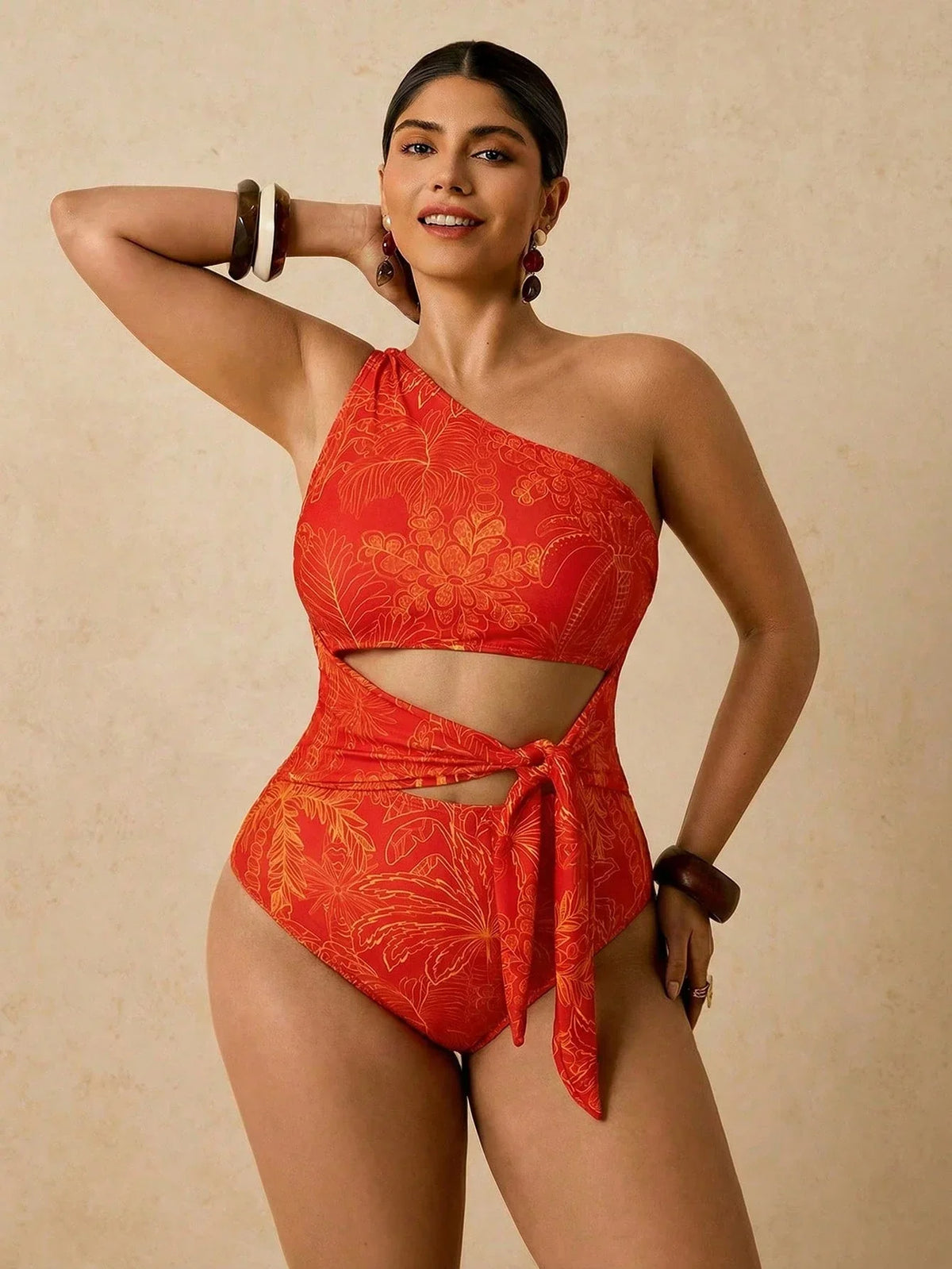Maiô Tropical Plus Size Assimétrico com Nó Lateral