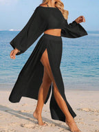 Conjunto Cropped Manga Ampla Saia Longa Fenda