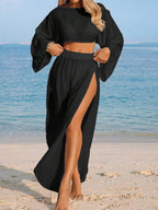 Conjunto Cropped Manga Ampla Saia Longa Fenda