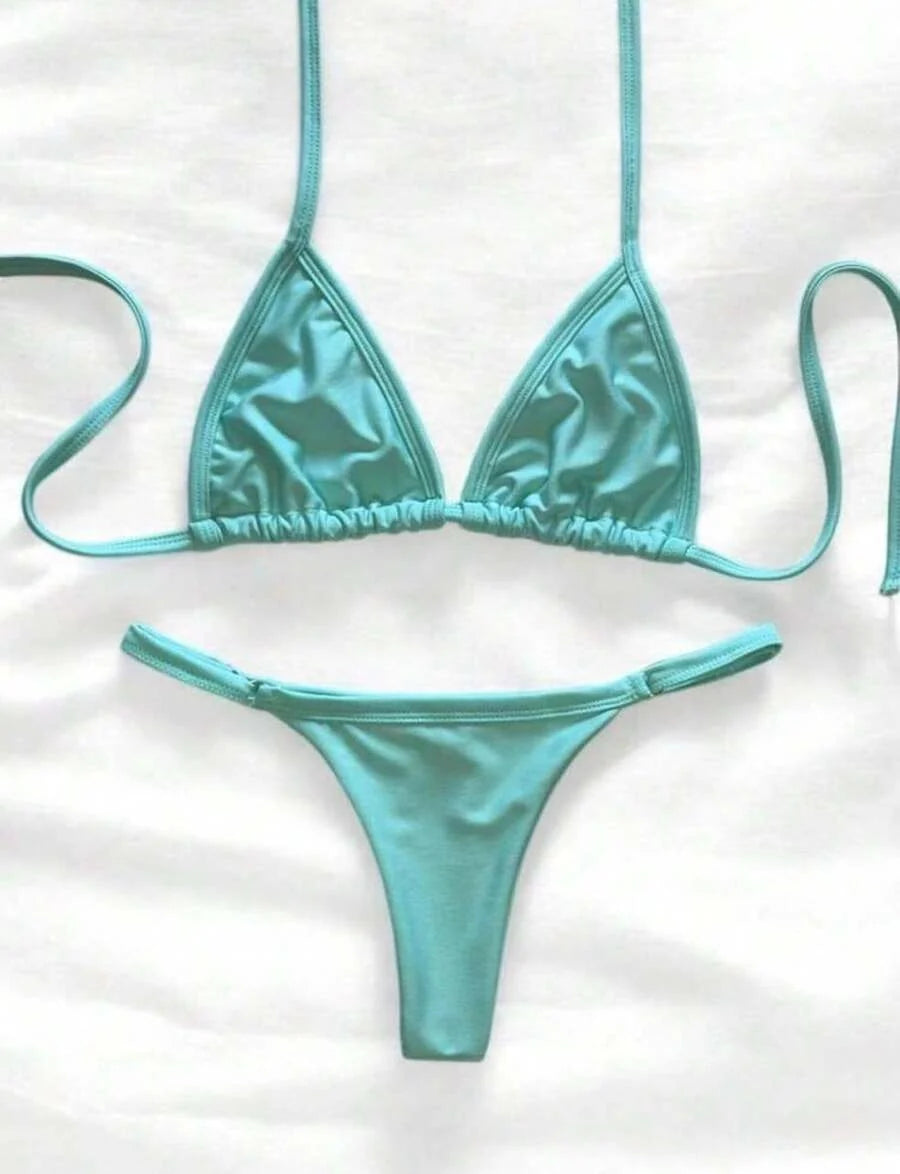 Biquíni Cor Sólida Tanga Alças Finas Cintura Contrastante