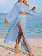 Conjunto Cropped Manga Ampla Saia Longa Fenda