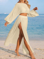 Conjunto Cropped Manga Ampla Saia Longa Fenda