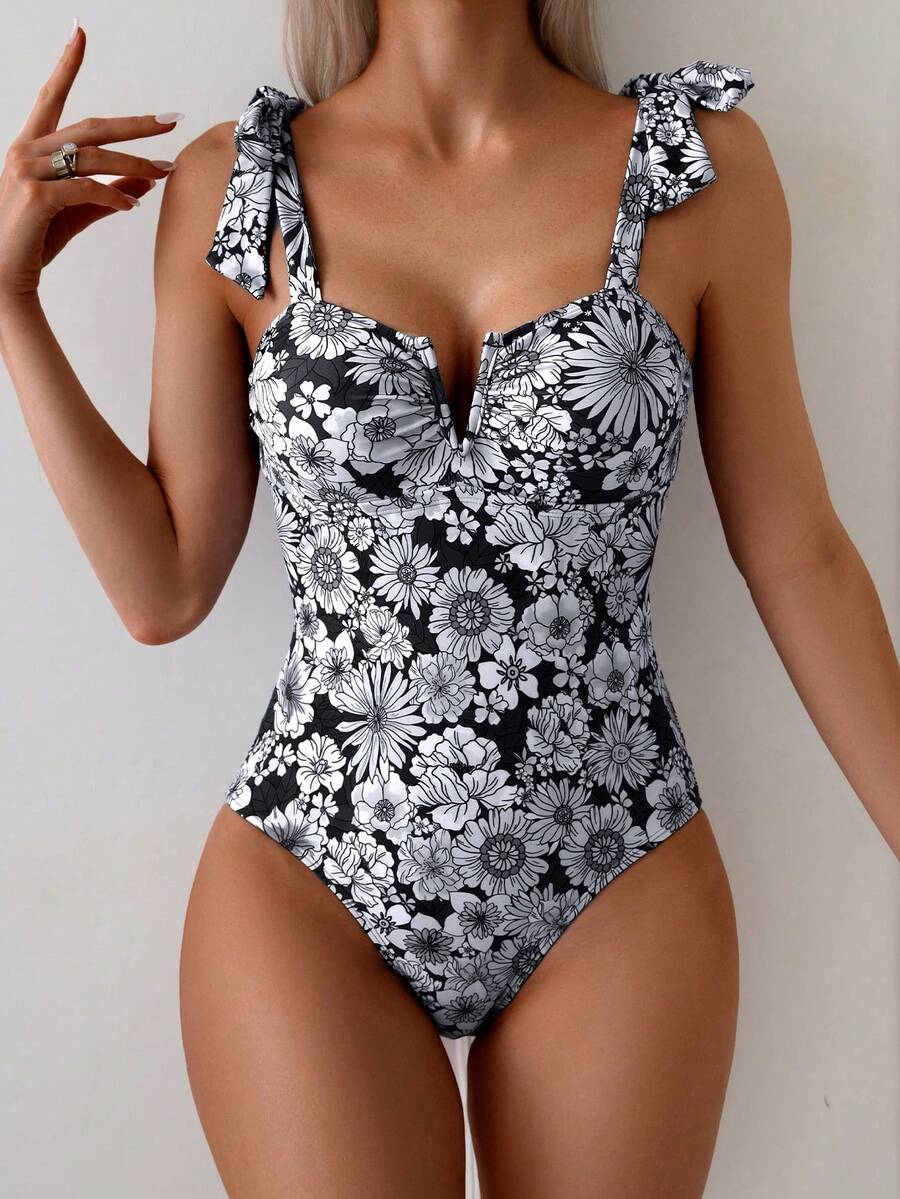 Maiô Estampado Alças de Amarrar Bojo em V