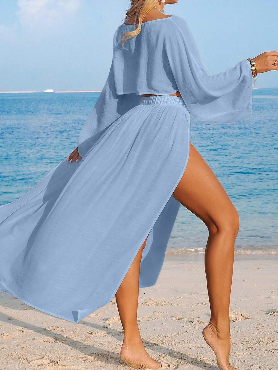 Conjunto Cropped Manga Ampla Saia Longa Fenda