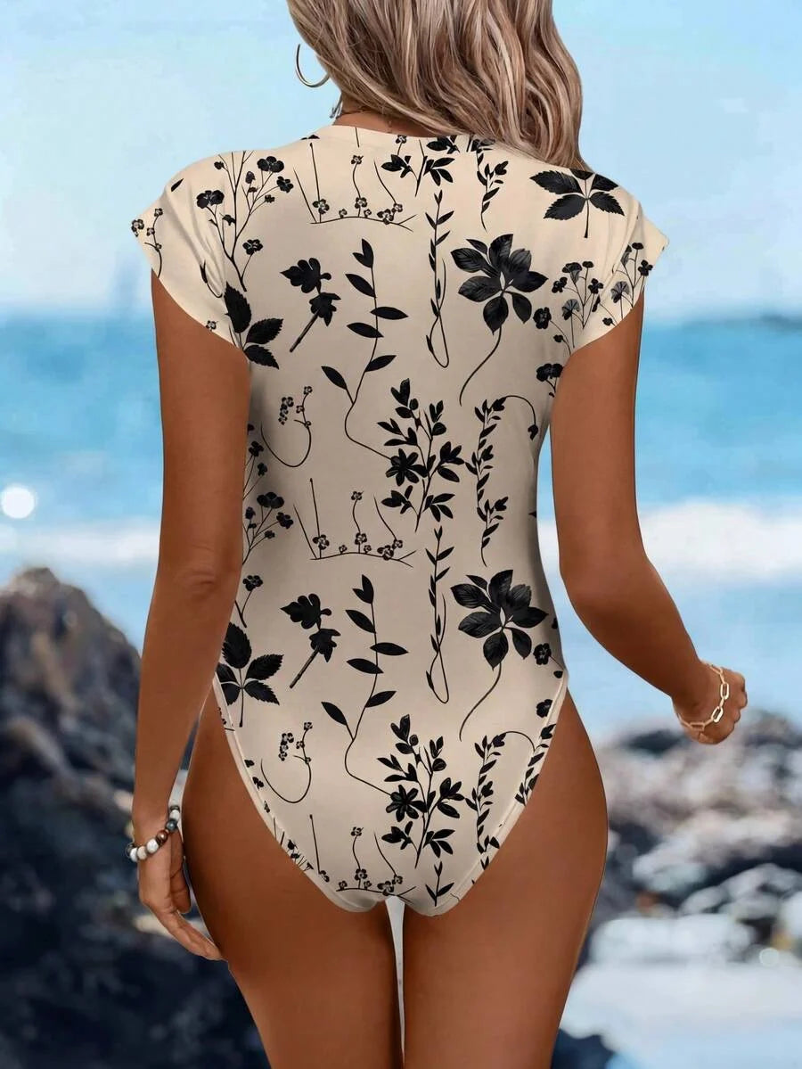 Body Floral Manga Curta Gola Alta