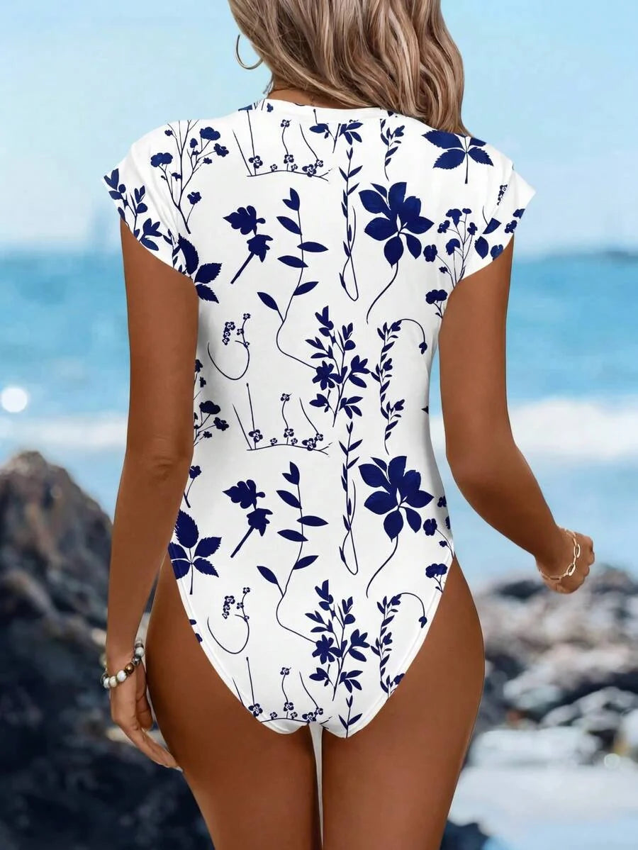 Body Floral Manga Curta Gola Alta