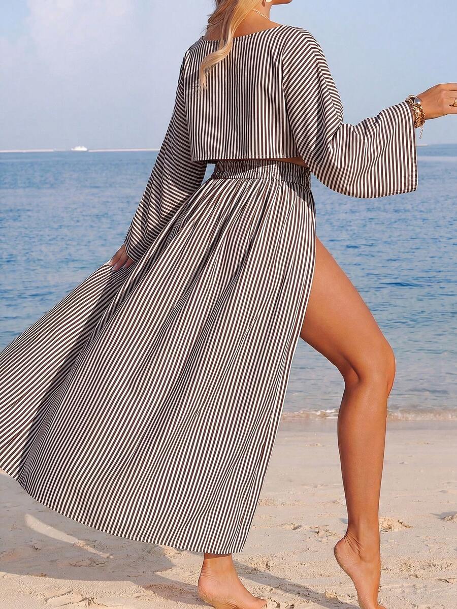 Conjunto Cropped Manga Ampla Saia Longa Fenda