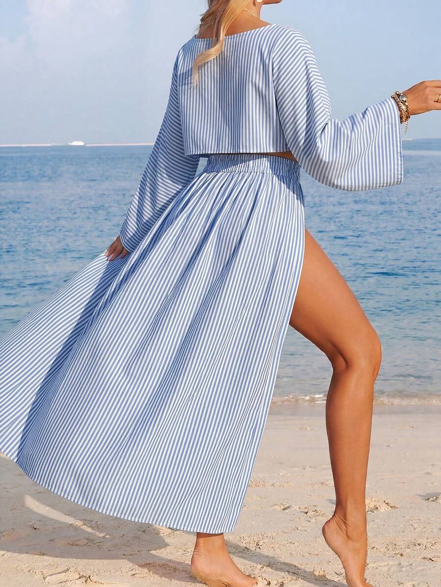 Conjunto Cropped Manga Ampla Saia Longa Fenda