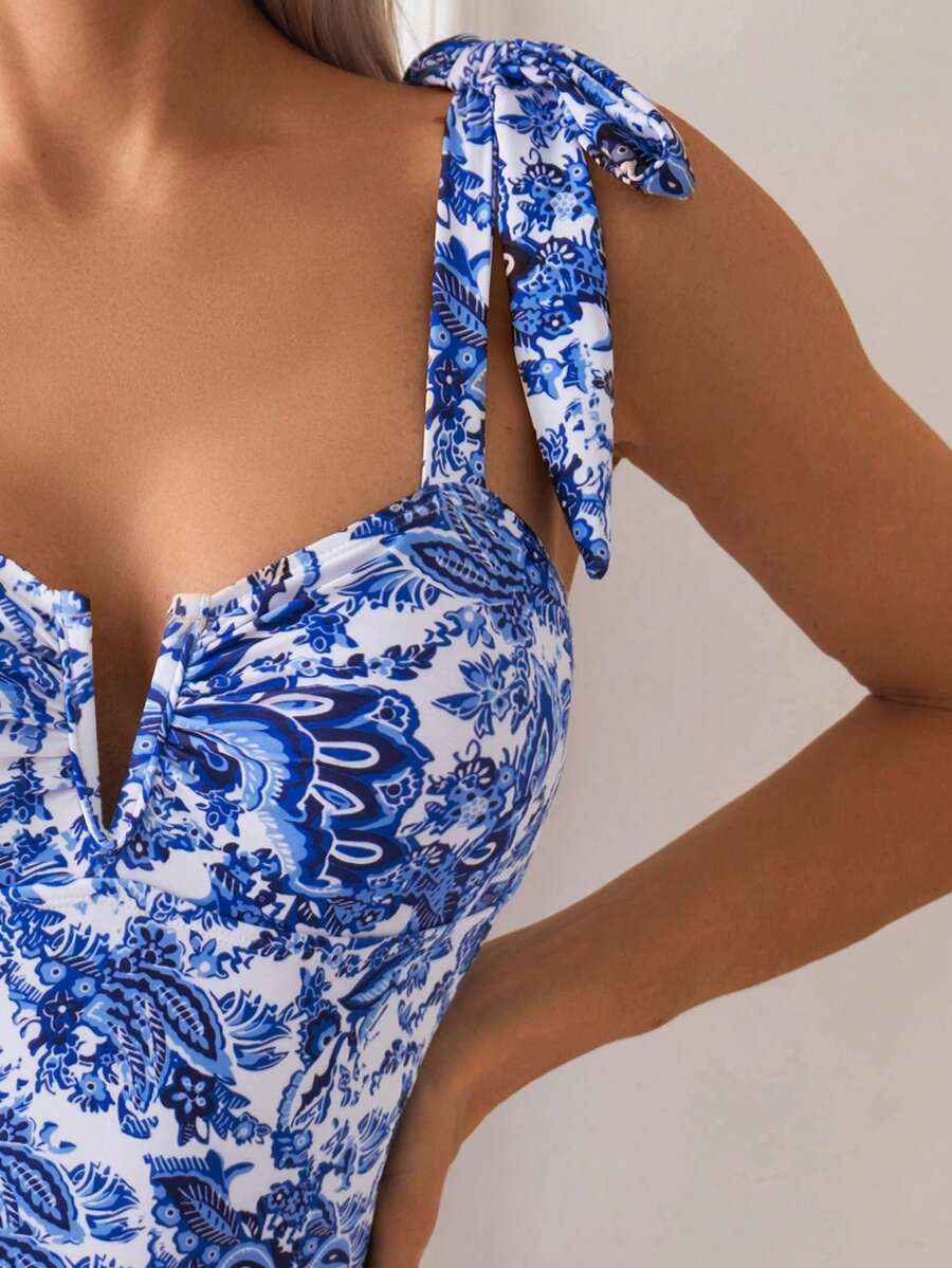 Maiô Estampado Alças de Amarrar Bojo em V