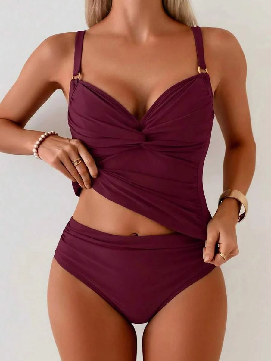 Tankini Torção Frontal Franzido Anel Dourado