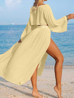Conjunto Cropped Manga Ampla Saia Longa Fenda