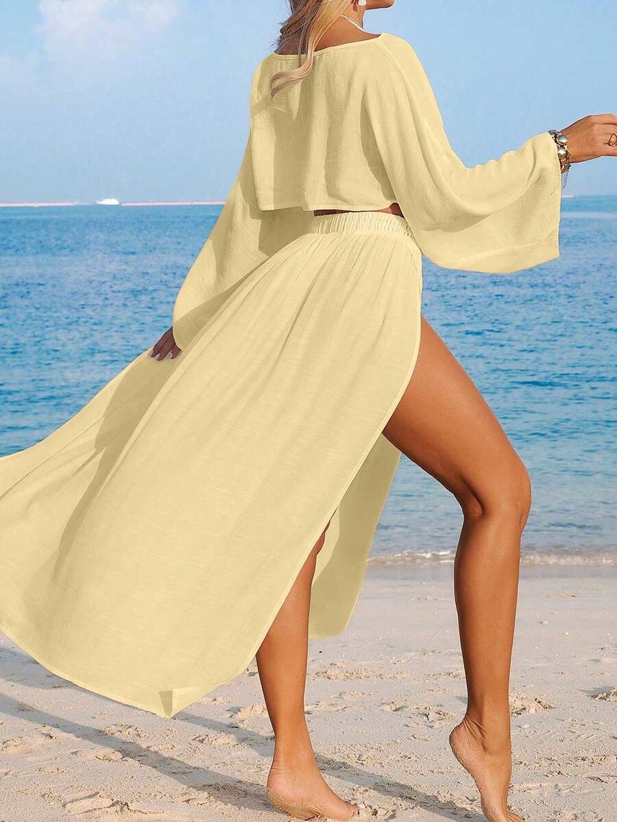 Conjunto Cropped Manga Ampla Saia Longa Fenda