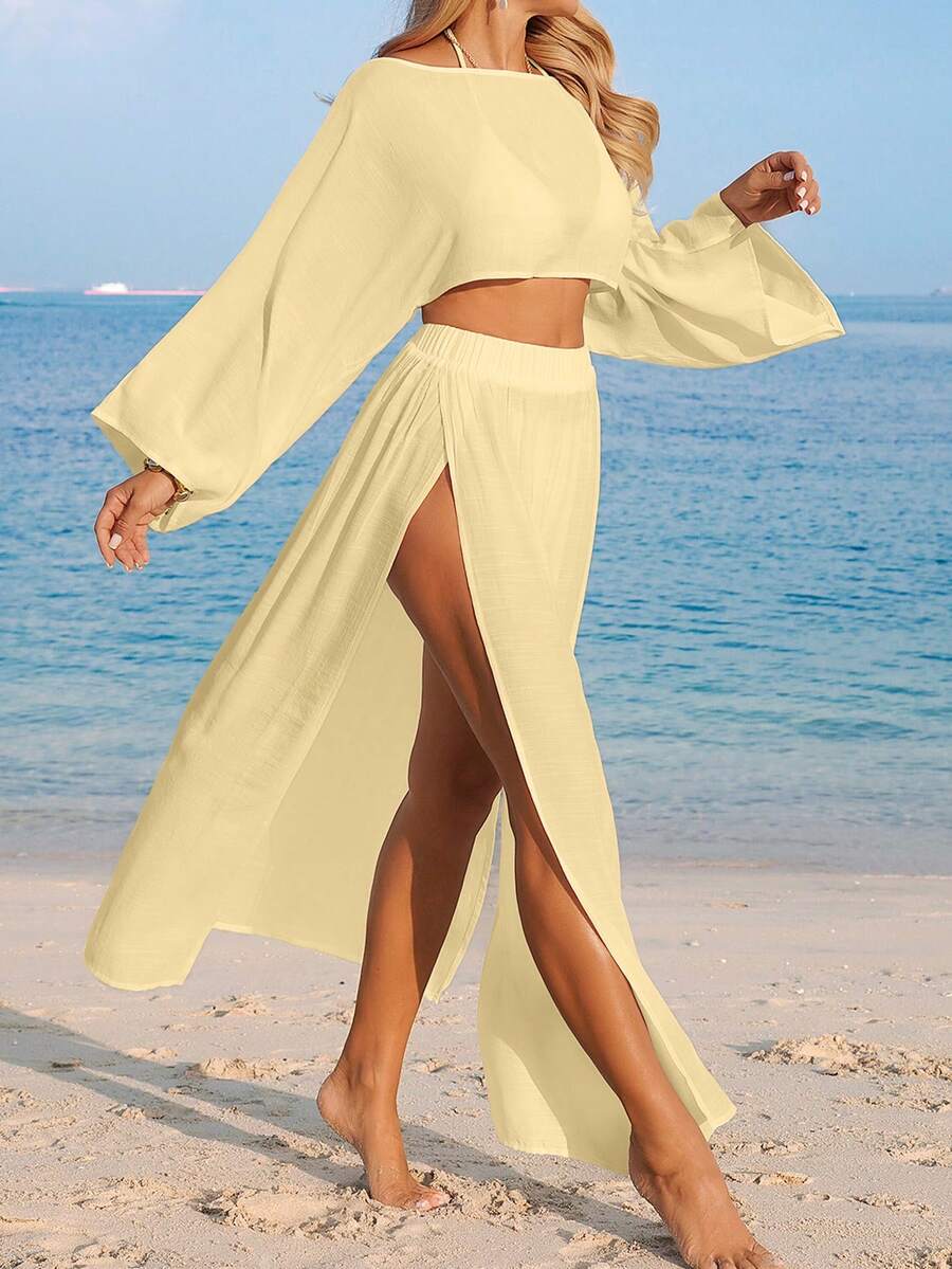 Conjunto Cropped Manga Ampla Saia Longa Fenda