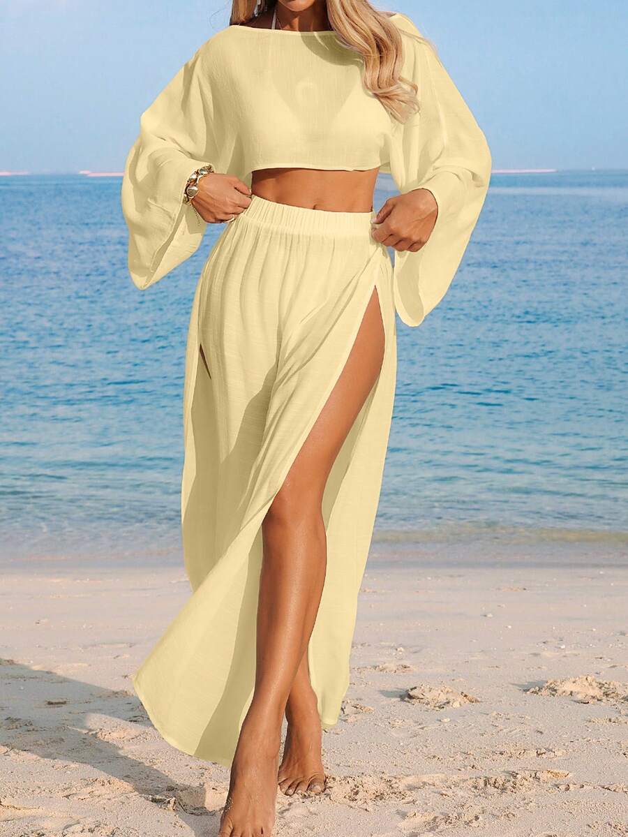 Conjunto Cropped Manga Ampla Saia Longa Fenda
