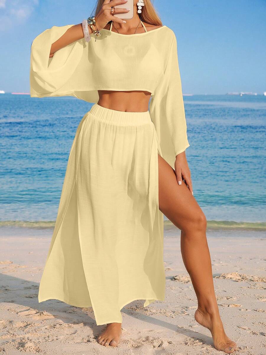 Conjunto Cropped Manga Ampla Saia Longa Fenda