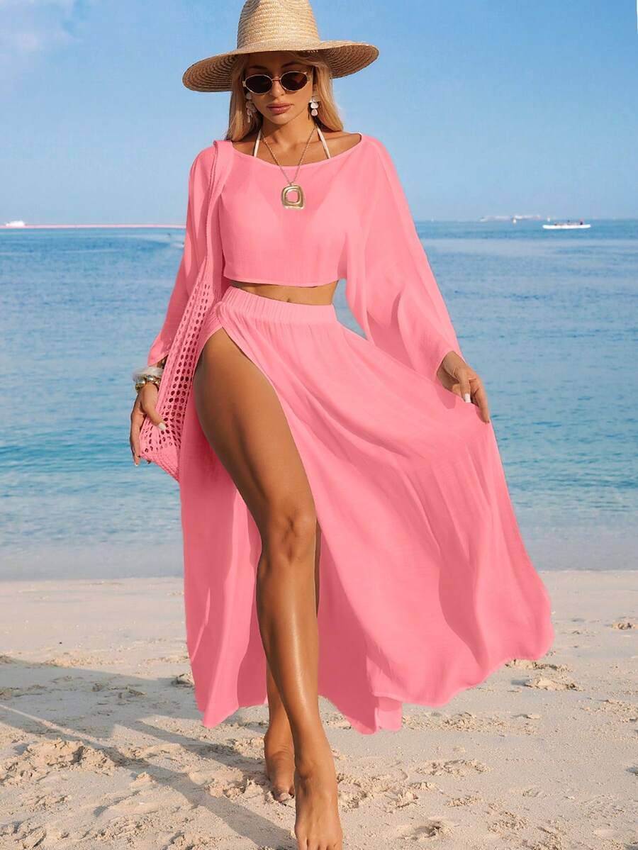 Conjunto Cropped Manga Ampla Saia Longa Fenda