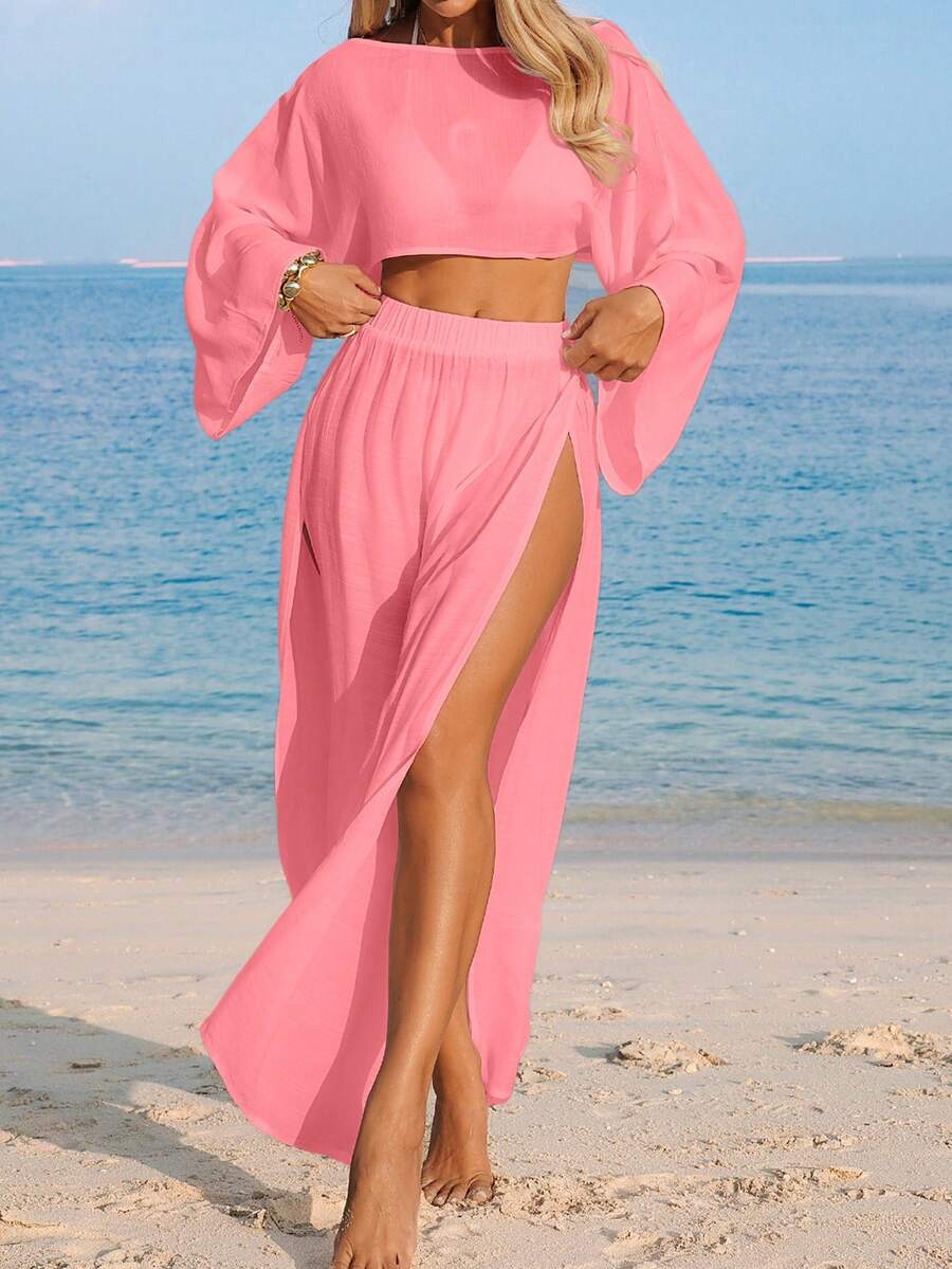 Conjunto Cropped Manga Ampla Saia Longa Fenda