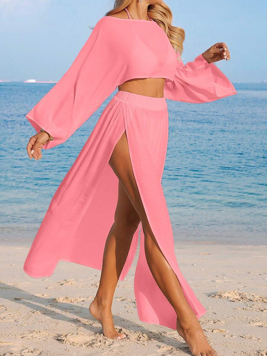 Conjunto Cropped Manga Ampla Saia Longa Fenda