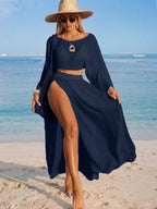 Conjunto Cropped Manga Ampla Saia Longa Fenda
