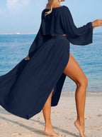 Conjunto Cropped Manga Ampla Saia Longa Fenda