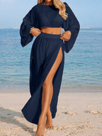 Conjunto Cropped Manga Ampla Saia Longa Fenda