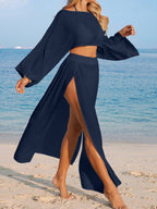 Conjunto Cropped Manga Ampla Saia Longa Fenda
