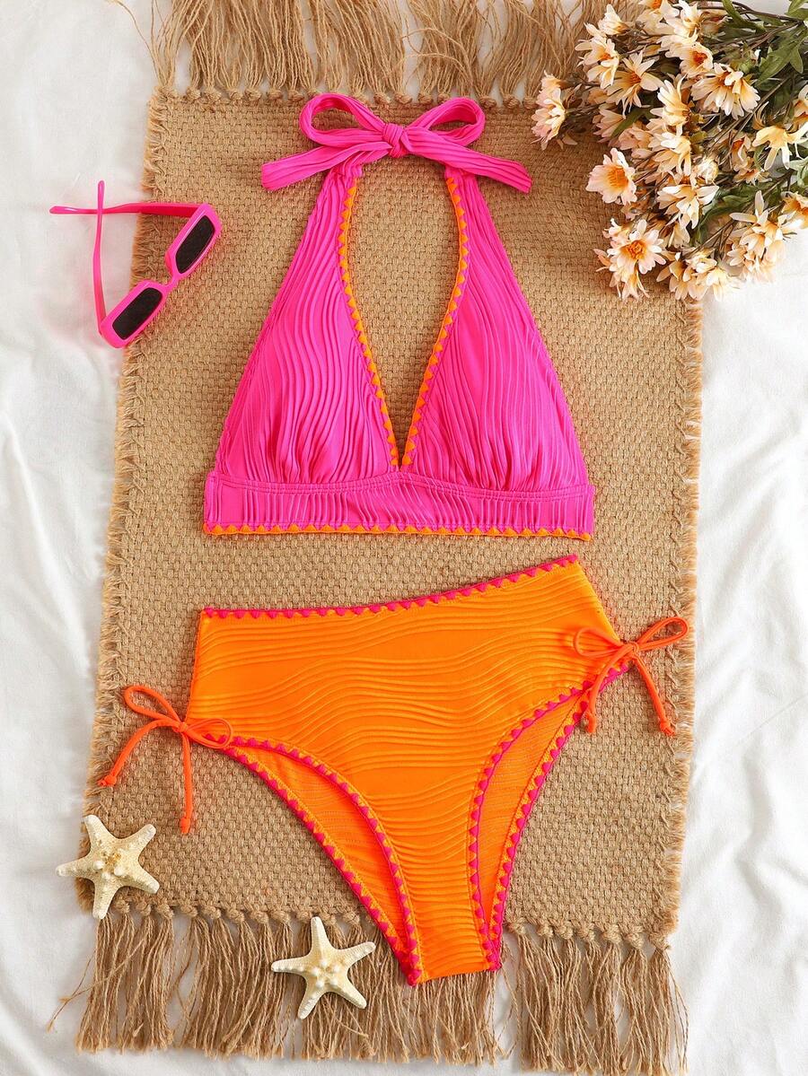 Conjunto de Biquíni Texturizado Halter Amarração