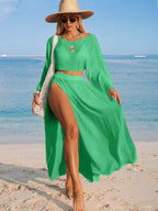 Conjunto Cropped Manga Ampla Saia Longa Fenda