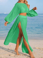 Conjunto Cropped Manga Ampla Saia Longa Fenda