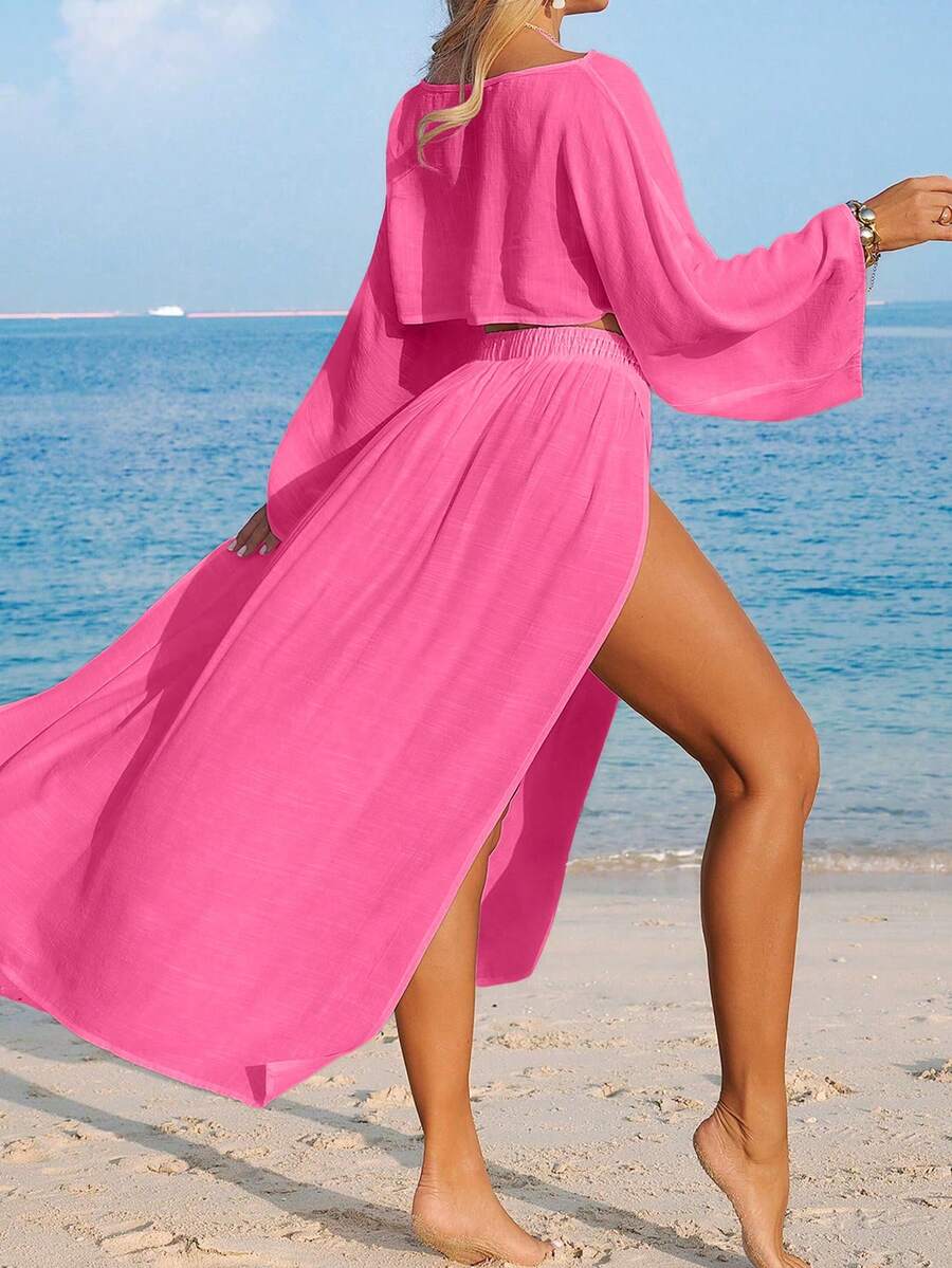 Conjunto Cropped Manga Ampla Saia Longa Fenda