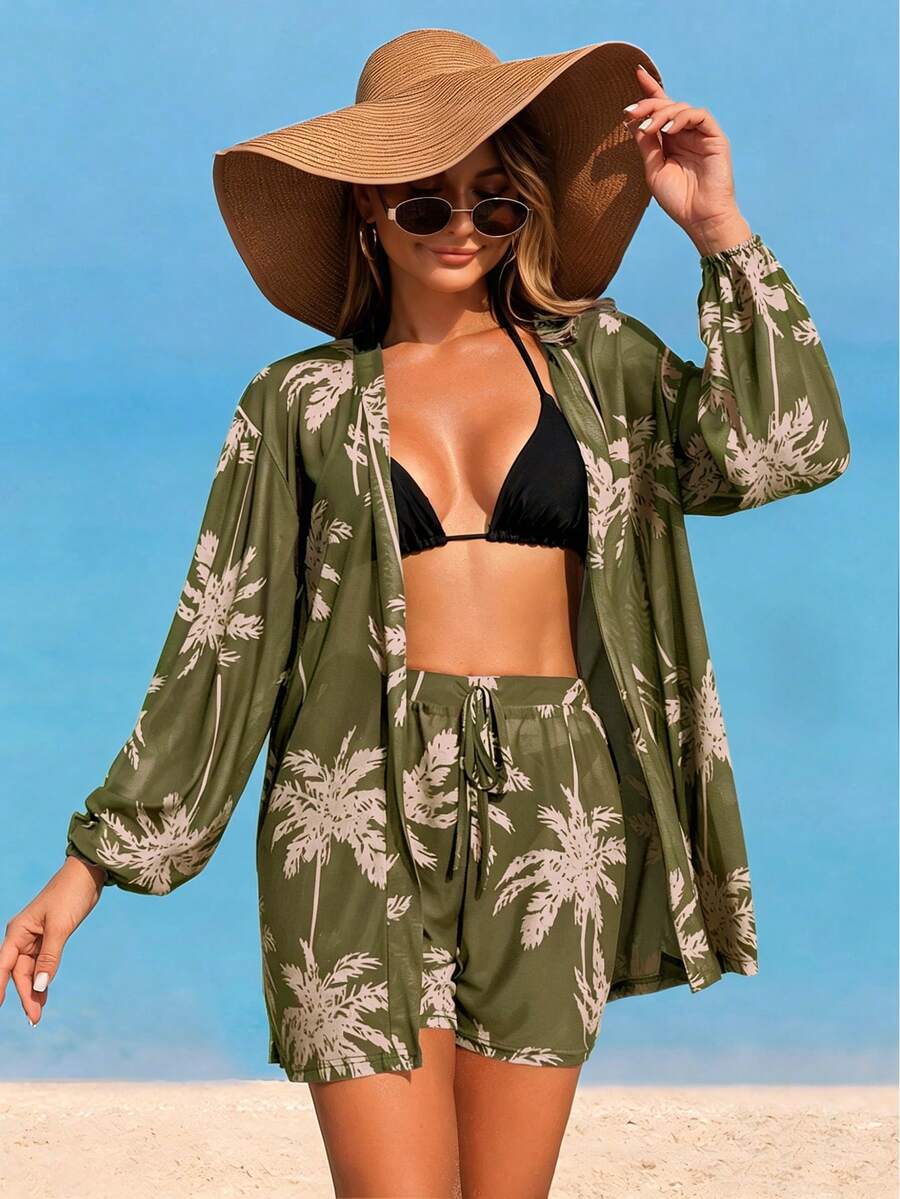 Conjunto Kimono Tela Estampa Coqueiro com Shorts