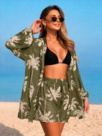 Conjunto Kimono Tela Estampa Coqueiro com Shorts