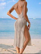 Vestido Tricô Praia Acinturado Fendas Laterais