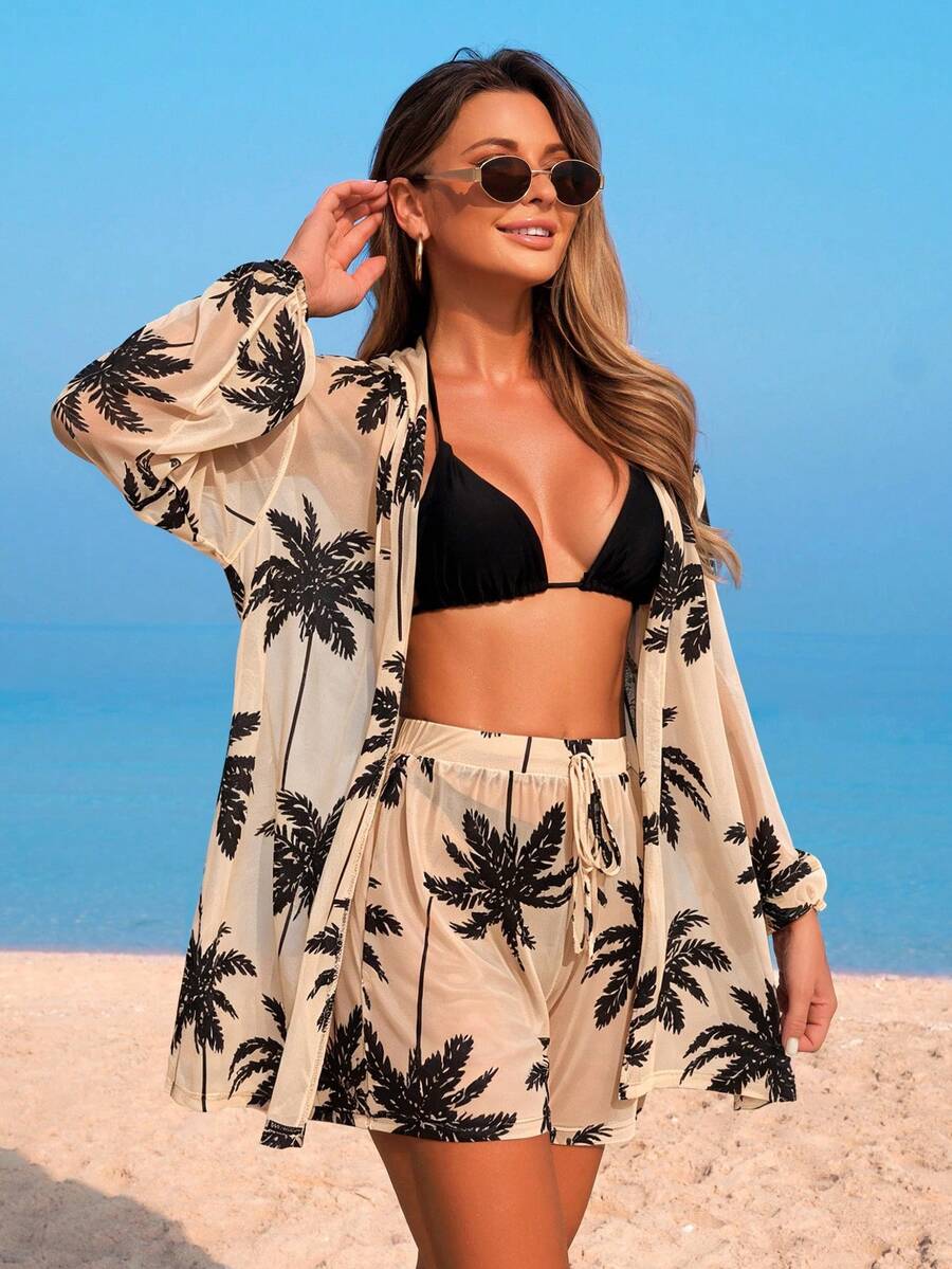 Conjunto Kimono Tela Estampa Coqueiro com Shorts