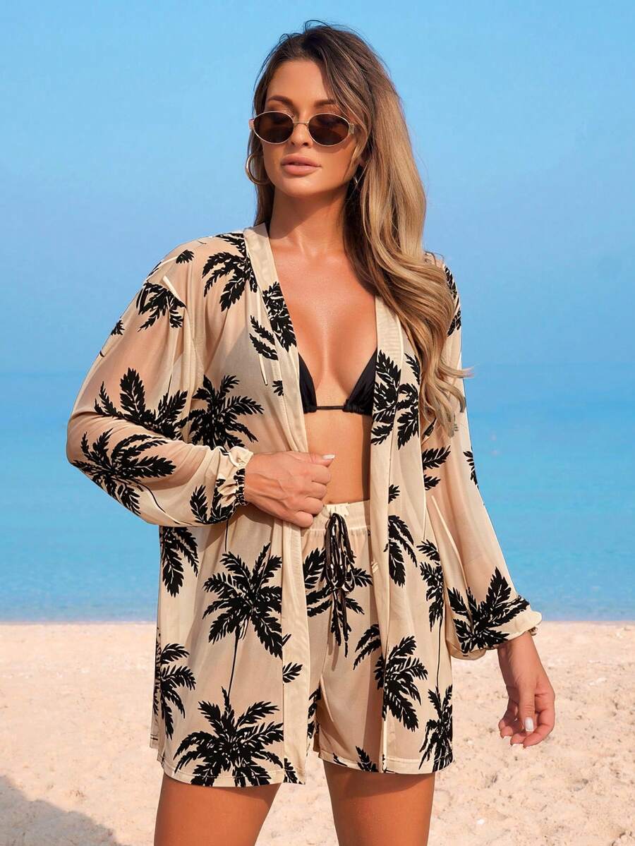 Conjunto Kimono Tela Estampa Coqueiro com Shorts