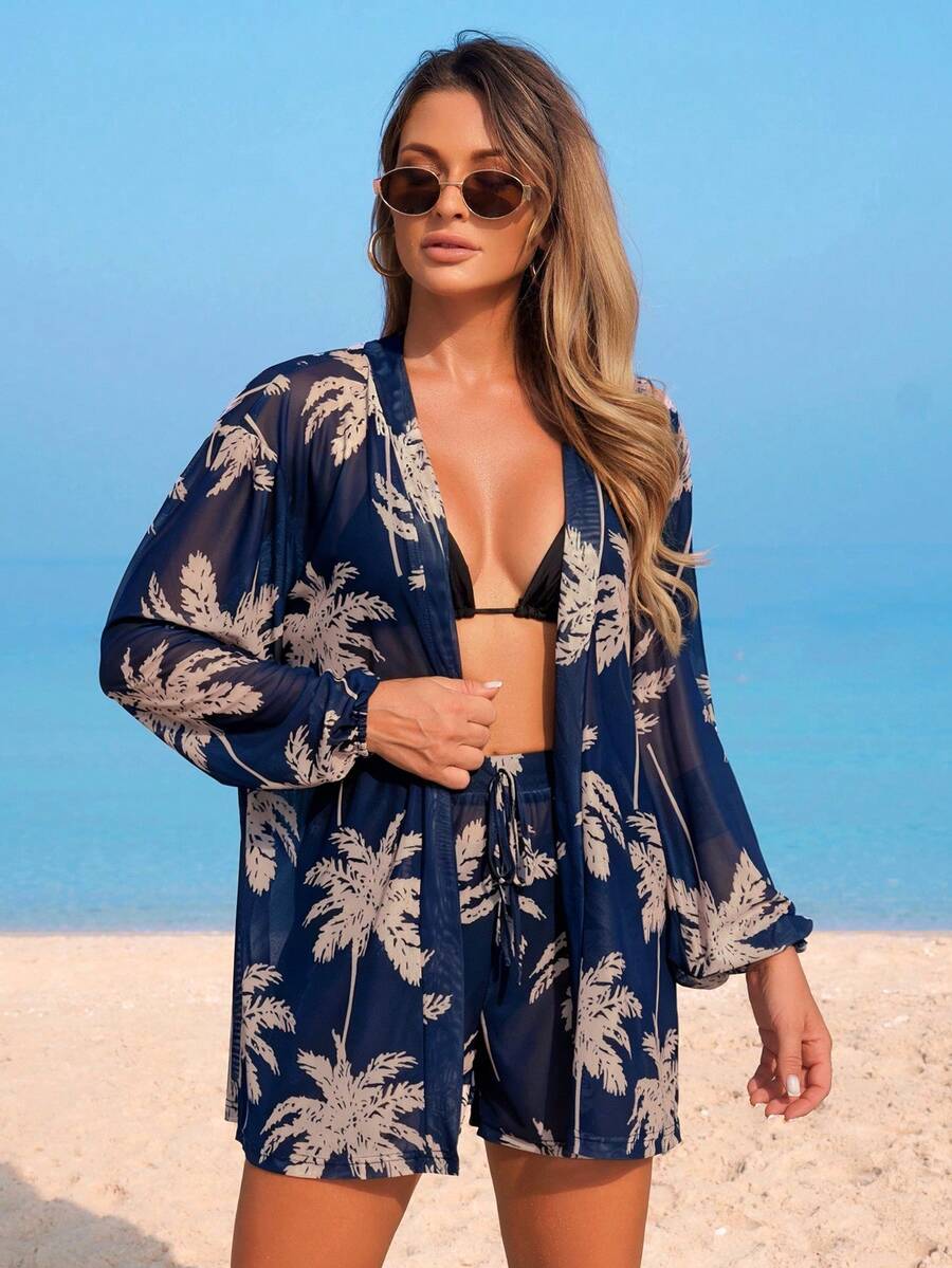 Conjunto Kimono Tela Estampa Coqueiro com Shorts