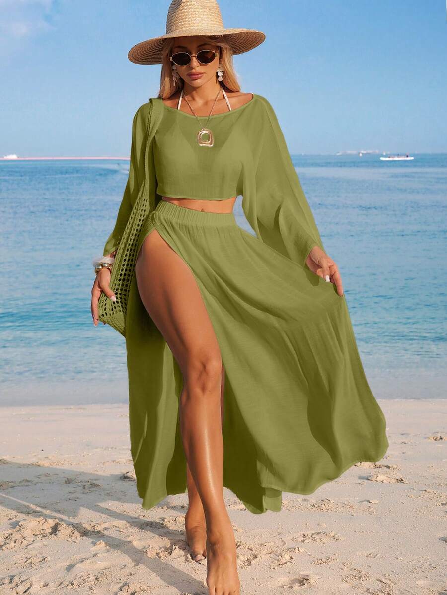 Conjunto Cropped Manga Ampla Saia Longa Fenda